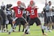 BEREA, OH - JULY 26: Quarterbacks Brian Hoyer #6 and quarterback Johnny Manziel #2 of the Cleveland Browns practice a play during training camp at the Cleveland Browns training facility on July 26, 2014 in Berea, Ohio. (Photo by Jason Miller/Getty Images)
