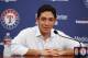 Texas Rangers general manager Jon Daniels talks to the media before a baseball game against the Los Angeles Angels, Wednesday, July 31, 2013, in Arlington, Texas. (AP Photo/Jim Cowsert)