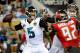 Aug 8, 2014; Jacksonville, FL, USA; Jacksonville Jaguars quarterback Blake Bortles (5) throws the ball under pressured by Tampa Bay Buccaneers defensive end William Gholston (92) during the second quarter of the game at EverBank Field. Mandatory Credit: Melina Vastola-USA TODAY Sports