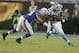 Carolina Panthers' Brandon Williams (86) is hit by Buffalo Bills' Xavius Boyd (49) during the second half of a preseason NFL football game in Charlotte, N.C., Friday, Aug. 8, 2014. The Bills won 20-18. (AP Photo/Bob Leverone)