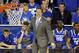Kentucky head coach John Calipari works from the sideline against Wisconsin during the second half of the NCAA Final Four tournament college basketball semifinal game Saturday, April 5, 2014, in Arlington, Texas. Kentucky won 74-73. (AP Photo/Tony Gutierrez)