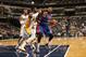 INDIANAPOLIS, IN - JANUARY 30: Greg Monroe #10 of the Detroit Pistons looks to go to the basket against Roy Hibbert #55 of the Indiana Pacers on January 30, 2013 at Bankers Life Fieldhouse in Indianapolis, Indiana. NOTE TO USER: User expressly acknowledges and agrees that, by downloading and or using this Photograph, user is consenting to the terms and condition of the Getty Images License Agreement. Mandatory Copyright Notice: 2013 NBAE (Photo by Ron Hoskins/NBAE via Getty Images)
