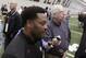 Texas A&M head coach Kevin Sumlin talks to members of the media during pro day for NFL football representatives in College Station, Texas, Thursday, March 27, 2014. (AP Photo/Patric Schneider)