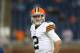 DETROIT, MI - AUGUST 09: Johnny Manziel #2 of the Cleveland Browns warms up prior to the start of the preseason game against the Detroit Lions at Ford Field on August 9, 2014 in Detroit, Michigan. The Lions defeated the Browns 13-12 in a preseason game. (Photo by Leon Halip/Getty Images)