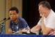 France's player Loic Remy speaks during a press conference as his team's Press Manager Philippe Tournon sits next to him in Ribeirao Preto, Brazil, Friday, June 13, 2014. France is in group E at the World Cup soccer tournament and plays its first match Sunday. (AP Photo/David Vincent)