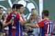 Bayern Munich's Robert Lewandowski, (9) is greeted by Xherdan Shaqiri, right, after Lewandowski scored a goal against the MLS All-Stars in the first half of the MLS soccer All-Star match, Wednesday, Aug. 6, 2014, in Portland, Ore. (AP Photo/Ted S. Warren)