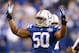 INDIANAPOLIS, IN - DECEMBER 01: Jerrell Freeman #50 of the Indianapolis Colts celebrates after he intercepted a pass late in the fourth quarter during the NFL game against the Tennessee Titans at Lucas Oil Stadium on December 1, 2013 in Indianapolis, Indiana. (Photo by Andy Lyons/Getty Images)