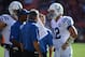 September 22, 2013; San Francisco, CA, USA; Indianapolis Colts offensive coordinator Pep Hamilton (visor) talks to quarterback Andrew Luck (12) during the fourth quarter against the San Francisco 49ers at Candlestick Park. The Colts defeated the 49ers 27-7. Mandatory Credit: Kyle Terada-USA TODAY Sports
