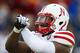 Nov 9, 2013; Ann Arbor, MI, USA; Nebraska Cornhuskers linebacker Michael Rose (15) reacts to a defensive stop in the first quarter against the Michigan Wolverines at Michigan Stadium. Mandatory Credit: Rick Osentoski-USA TODAY Sports