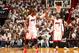 MIAMI, FL - MAY 6: Chris Bosh #1 and Dwyane Wade #3 of the Miami Heat celebrates in Game One of the Eastern Conference Semi-Finals against the Brooklyn Nets during the 2014 NBA Playoffs at American Airlines Arena on May 6, 2014 in Miami, Florida. NOTE TO USER: User expressly acknowledges and agrees that, by downloading and/or using this Photograph, user is consenting to the terms and conditions of the Getty Images License Agreement. Mandatory Copyright Notice: Copyright 2014 NBAE (Photo by Issac Baldizon/NBAE via Getty Images)