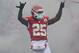 Kansas City Chiefs running back Jamaal Charles (25) runs onto the field during introductions before their NFL game against the Indianapolis Colts at Arrowhead Stadium in Kansas City, Mo., Sunday, Dec. 22, 2013. (AP Photo/Reed Hoffmann)