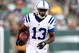EAST RUTHERFORD, NJ - AUGUST 07: Wide receiver T.Y. Hilton #13 of the Indianapolis Colts runs with the ball against the New York Jets during a preseason game at MetLife Stadium on August 7, 2014 in East Rutherford, New Jersey. (Photo by Elsa/Getty Images)