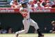Boston Red Sox’ Yoenis Cespedes hits a three-run home run against the Los Angeles Angels in the seventh inning of a baseball game on Sunday, Aug. 10, 2014, in Anaheim, Calif. (AP Photo/Alex Gallardo)