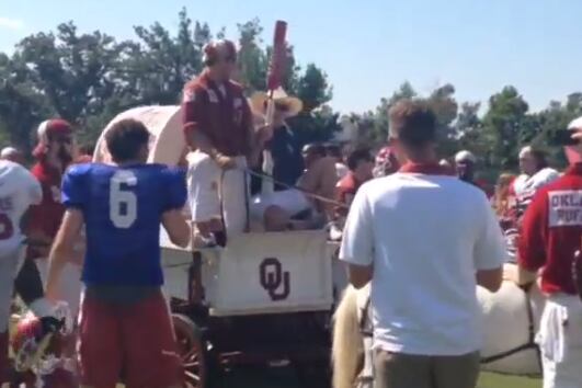 Video: Bob Stoops Rode the Sooner Schooner into Oklahoma's Practice Today
