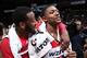 WASHINGTON, DC - APRIL 2: John Wall #2 and Bradley Beal #3 of the Washington Wizards celebrate clinching a playoff berth after the game against the Boston Celtics at the Verizon Center on April 2, 2014 in Washington, DC. NOTE TO USER: User expressly acknowledges and agrees that, by downloading and or using this photograph, User is consenting to the terms and conditions of the Getty Images License Agreement. Mandatory Copyright Notice: Copyright 2014 NBAE (Photo by Ned Dishman/NBAE via Getty Images)