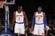 New York Knicks' Amar'e Stoudemire (1) talks to teammate Carmelo Anthony (7) as they walk up the court during the first half of an NBA basketball game against the Dallas Mavericks, Monday, Feb. 24, 2014, in New York. Dallas won 110-108. (AP Photo/Jason DeCrow)