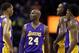 Los Angeles Lakers' Kobe Bryant (24) huddles during a timeout with teammates Pau Gasol (16), Wesley Johnson (11), Jordan Hill (27) and Nick Young (0) during the second half of an NBA basketball game in Charlotte, N.C., Saturday, Dec. 14, 2013. The Lakers won 88-85. (AP Photo/Bob Leverone)