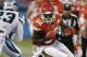 Kansas City Chiefs' Dwayne Bowe (82) runs after a catch as Carolina Panthers' Melvin White (23) closes in during the first half of a preseason NFL football game in Charlotte, N.C., Sunday, Aug. 17, 2014. (AP Photo/Bob Leverone)