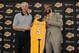 EL SEGUNDO, CA - JULY 25: Mitch Kupchak and Carlos Boozer #5 of the Los Angeles Lakers pose for a photo during a press conference at the Toyota Sports Center on July 25, 2014 in El Segundo, California. NOTE TO USER: User expressly acknowledges and agrees that, by downloading and/or using this photograph, user is consenting to the terms and conditions of the Getty Images License Agreement. Mandatory Copyright Notice: Copyright 2014 NBAE (Photo by Andrew D. Bernstein/NBAE via Getty Images)