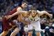 Boston Celtics' Kelly Olynyk (41) and Cleveland Cavaliers' Tyler Zeller (40) chase a loose ball in the third quarter of an NBA basketball game in Boston, Saturday, Dec. 28, 2013. The Celtics won 103-100. (AP Photo/Michael Dwyer)