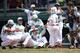 Mexico’s Ruy Martinez (1) celebrates with his teammates at home plate after hitting a home run during the fifth inning of an International elimination baseball game against Australia at the Little League World Series, Monday, Aug. 18, 2014, in South Williamsport, Pa. Mexico won 6-2. (AP Photo/Matt Slocum)