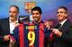 BARCELONA, SPAIN - AUGUST 19: (L-R) FC Barcelona Sport Director Andoni Zubizarreta, Luis Suarez and FC Barcelona Jordi Mestre of FC Barcelona pose for the media during a press conference as part of his presentation as new FC Barcelona player at Camp Nou on August 19, 2014 in Barcelona, Spain. (Photo by David Ramos/Getty Images)