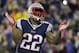 New England Patriots running back Stevan Ridley celebrates his touchdown during the second half of an AFC divisional NFL playoff football game against the Indianapolis Colts in Foxborough, Mass., Saturday, Jan. 11, 2014. (AP Photo/Matt Slocum)