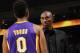 OAKLAND, CA - OCTOBER 30: Kobe Bryant #24 and Nick Young #0 of the Los Angeles Lakers converse during a game against the Golden State Warriors at Oracle Arena on October 30, 2013 at in Oakland, California. NOTE TO USER: User expressly acknowledges and agrees that, by downloading and/or using this Photograph, user is consenting to the terms and conditions of the Getty Images License Agreement. Mandatory Copyright Notice: Copyright 2013 NBAE (Photo by Andrew D. Bernstein/NBAE via Getty Images)