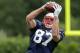 New England Patriots tight end Rob Gronkowski grabs a pass during an NFL Football training camp scrimmage of the Patriots and Philadelphia Eagles in Foxborough, Mass., Tuesday, Aug. 12, 2014. (AP Photo/Charles Krupa)