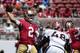 San Francisco 49ers quarterback Blaine Gabbert (2) passes against the Denver Broncos during the first half of an NFL preseason football game in Santa Clara, Calif., Sunday, Aug. 17, 2014. (AP Photo/Marcio Jose Sanchez)