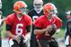 Jul 26, 2014; Berea, OH, USA; Cleveland Browns quarterback Brian Hoyer (6) and Cleveland Browns quarterback Johnny Manziel (2) during training camp at the Cleveland Browns training facility. Mandatory Credit: Ken Blaze-USA TODAY Sports