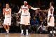 NEW YORK, NY - FEBRUARY 07: Carmelo Anthony #7 of the New York Knicks gets a high-five from teammate J.R. Smith #8 during a game against the Denver Nuggets at Madison Square Garden in New York City on February 07, 2014. NOTE TO USER: User expressly acknowledges and agrees that, by downloading and or using this photograph, User is consenting to the terms and conditions of the Getty Images License Agreement. Mandatory Copyright Notice: Copyright 2014 NBAE (Photo by Nathaniel S. Butler/NBAE via Getty Images)