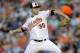 Baltimore Orioles starting pitcher Chris Tillman throws to the New York Yankees in the first inning of a baseball game, Wednesday, Aug. 13, 2014, in Baltimore. (AP Photo/Patrick Semansky)
