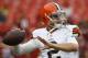 Cleveland Browns quarterback Johnny Manziel warms up before the start of an NFL preseason football game against the Washington Redskins on Monday, Aug. 18, 2014, in Landover, Md. (AP Photo/Evan Vucci)