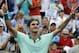 Roger Federer, from Switzerland, celebrates after defeating David Ferrer, from Spain, 6-3, 1-6, 6-2, in a final match at the Western and Southern Open tennis tournament, Sunday, Aug. 17, 2014, in Mason, Ohio. (AP Photo/Al Behrman)