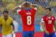 Chile's Arturo Vidal, center reacts after missing a chance to score during the World Cup round of 16 soccer match between Brazil and Chile at the Mineirao Stadium in Belo Horizonte, Brazil, Saturday, June 28, 2014. At left Brazil's Thiago Silva .(AP Photo/Frank Augstein)