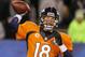 EAST RUTHERFORD, NJ - FEBRUARY 02: Quarterback Peyton Manning #18 of the Denver Broncos throws a pass against the Seattle Seahawks in the second quarter during Super Bowl XLVIII at MetLife Stadium on February 2, 2014 in East Rutherford, New Jersey. (Photo by Kevin C. Cox/Getty Images)