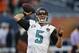 Jacksonville Jaguars quarterback Blake Bortles (5) passes during warmups before an NFL preseason football game against the Jacksonville Jaguars in Chicago, Thursday, Aug. 14, 2014. (AP Photo/Charles Rex Arbogast)