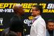 NEW YORK, NY - JULY 14: Marcos Maidana and Floyd Mayweather Jr. face-off during a news conference at the Pedestrian Walk in Times Square on July 14, 2014 in New York City. Floyd Mayweather Jr. and Marcos Maidana are scheduled to fight September 13, 2014 at the MGM Grand in Las Vegas. (Photo by Mike Stobe/Getty Images)