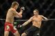 Aug 23, 2014; Tulsa, OK, USA; Mike Pyle (red gloves) fights Jordan Mein (blue gloves) in a Welterweight Bout at BOK Center. Mandatory Credit: Mark D. Smith-USA TODAY Sports