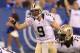 Aug 23, 2014; Indianapolis, IN, USA; New Orleans Saints quarterback Drew Brees (9) during the first quarter against the Indianapolis Colts at Lucas Oil Stadium. Mandatory Credit: Pat Lovell-USA TODAY Sports