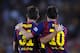 FC Barcelona's Lionel Messi from Argentina, right, reacts after scoring with his teammate Munir against Elche during a Spanish La Liga soccer match at the Camp Nou stadium in Barcelona, Spain, Sunday, Aug. 24, 2014. (AP Photo/Manu Fernandez)