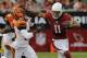 Arizona Cardinals wide receiver Larry Fitzgerald (11) tries to avoid the hit of Cincinnati Bengals cornerback Terence Newman (23) during the first half of an NFL preseason football game, Sunday, Aug. 24, 2014, in Glendale, Ariz. (AP Photo/Rick Scuteri)