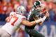 INDIANAPOLIS, IN - DECEMBER 07: Joey Bosa #97 of the Ohio State Buckeyes sacks Connor Cook #18 of the Michigan State Spartans in the first quarter during the Big 10 Conference Championship Game at Lucas Oil Stadium on December 7, 2013 in Indianapolis, Indiana. (Photo by Gregory Shamus/Getty Images)
