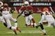 Arizona Cardinals running back Andre Ellington (38) looks for room to run as Cincinnati Bengals linebacker Emmanuel Lamur (59) and George Iloka (43) defend during the first half of an NFL preseason football game, Sunday, Aug. 24, 2014, in Glendale, Ariz. (AP Photo/Rick Scuteri)