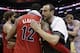 San Antonio Spurs' Manu Ginobili, right, of Argentina, hugs Portland Trail Blazers' LaMarcus Aldridge (12) following Game 5 of a Western Conference semifinal NBA basketball playoff series, Wednesday, May 14, 2014, in San Antonio. San Antonio won 104-82. (AP Photo/Eric Gay)
