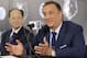 Minnesota Timberwolves team president of basketball operations and new head coach Flip Saunders, right, responds to a question as team owner Glen Taylor, left, listens during a media availability in Minneapolis, Friday, June 6, 2014. (AP Photo/Ann Heisenfelt)