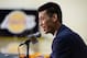 EL SEGUNDO, CA - JULY 24: Jeremy Lin #17 of the Los Angeles Lakers speaks to the media during a press conference on July 24, 2014 at the Toyota Sports Center in El Segundo, California. NOTE TO USER: User expressly acknowledges and agrees that, by downloading and/or using this photograph, user is consenting to the terms and conditions of the Getty Images License Agreement. Mandatory Copyright Notice: Copyright 2014 NBAE (Photo by Andrew D. Bernstein/NBAE via Getty Images)