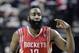 Houston Rockets guard James Harden flashes three fingers after scoring a three point shot during the second half of Game 3 of an NBA basketball first-round playoff series against the Portland Trail Blazers in Portland, Ore., Friday, April 25, 2014. Harden scored 37 points as the Rockets won 121-116. (AP Photo/Don Ryan)