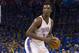 OKLAHOMA CITY, OK - May 25: Hasheem Thabeet #34 of the Oklahoma City Thunder handles the ball against the San Antonio Spurs in Game 3 of the Western Conference Finals during the 2014 NBA Playoffs at the Chesapeake Arena on May 25, 2014 in Oklahoma City, Oklahoma. NOTE TO USER: User expressly acknowledges and agrees that, by downloading and/or using this photograph, user is consenting to the terms and conditions of the Getty Images License Agreement. Mandatory Copyright Notice: Copyright 2014 NBAE (Photo by Richard Rowe/NBAE via Getty Images)